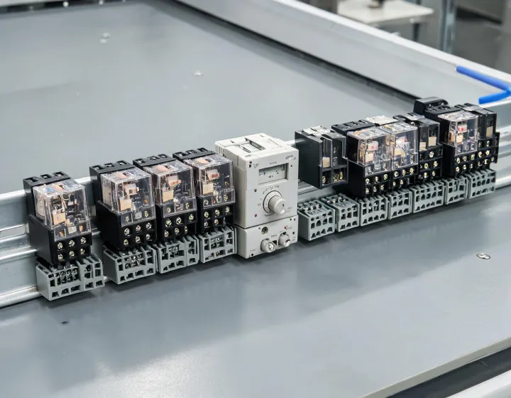 Assorted industrial relays on DIN rail
