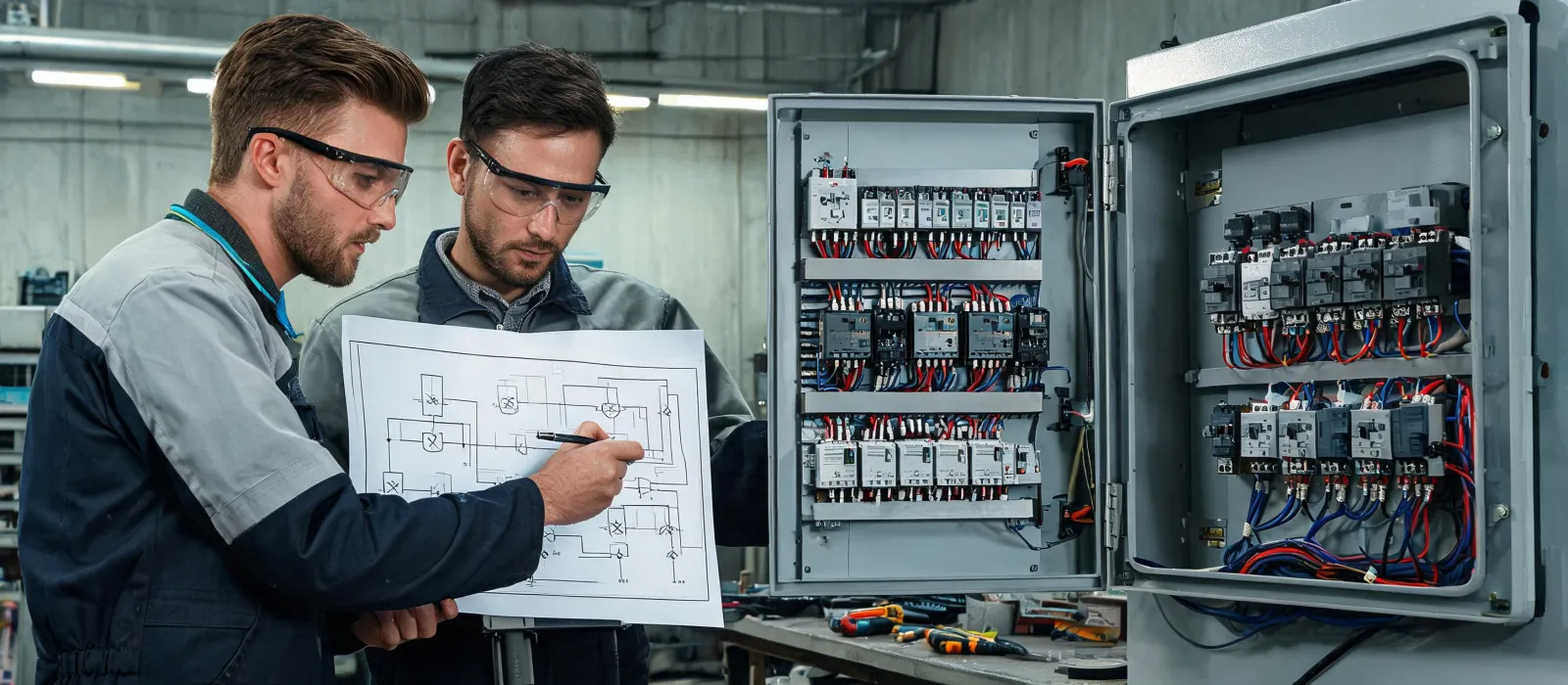 Panel builder reviewing relay wiring plan